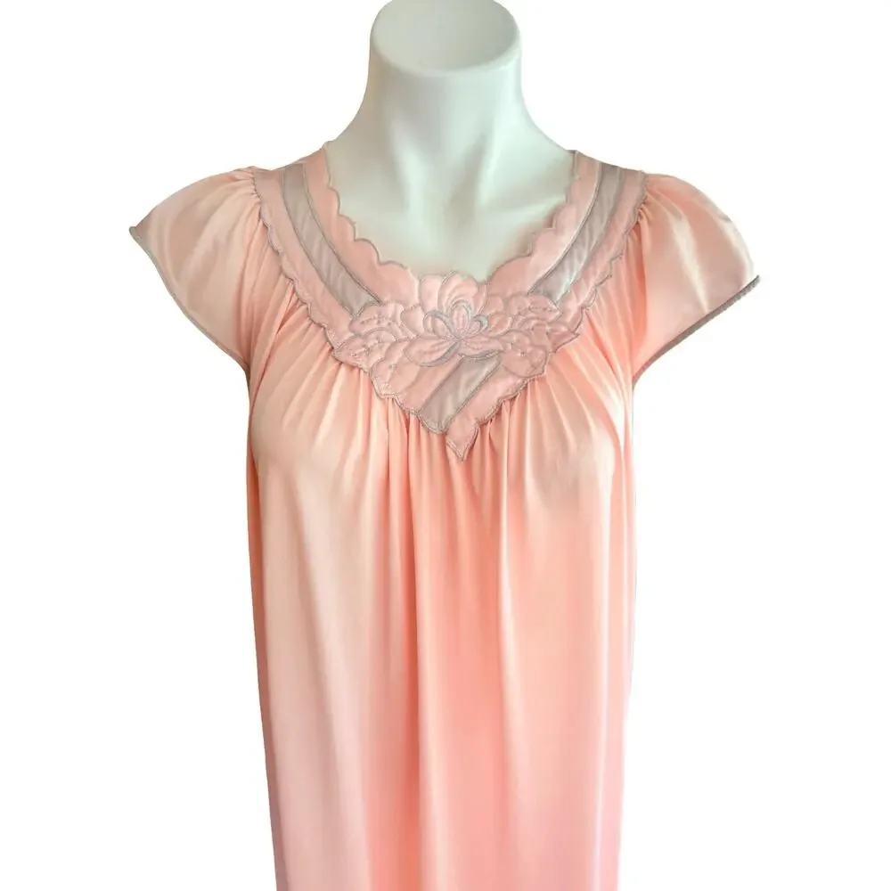 Vintage Shadowline Peignoir Set Small Pink Nylon Floral Appliqué Nightgown Robe